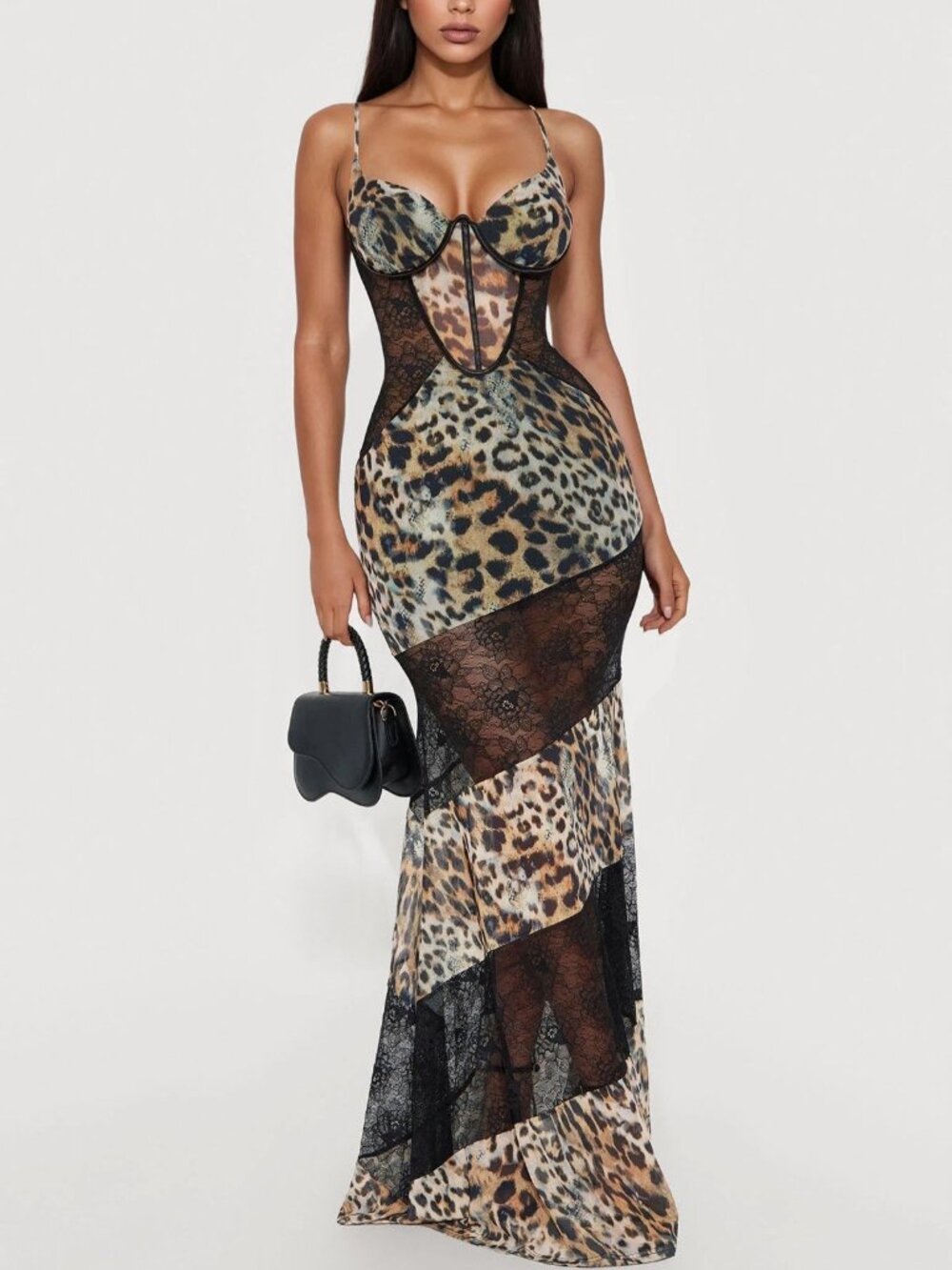 Leopard Lace Mesh Maxi Dress